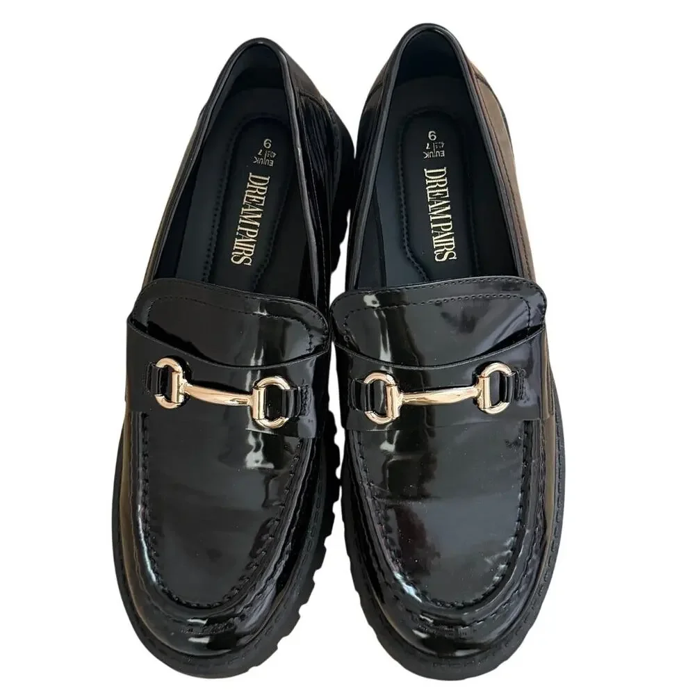 Dream Pairs Chunky Platform Slip On Loafers Black Patent Size 9